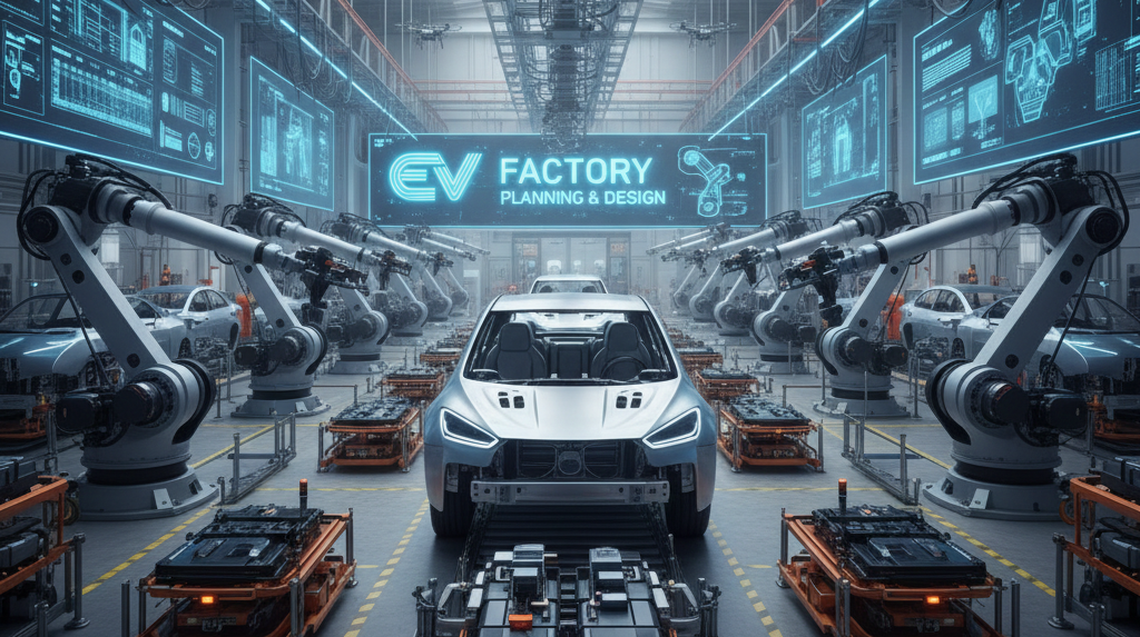 EV gigafactory production facility with battery assembly and manufacturing infrastructure
